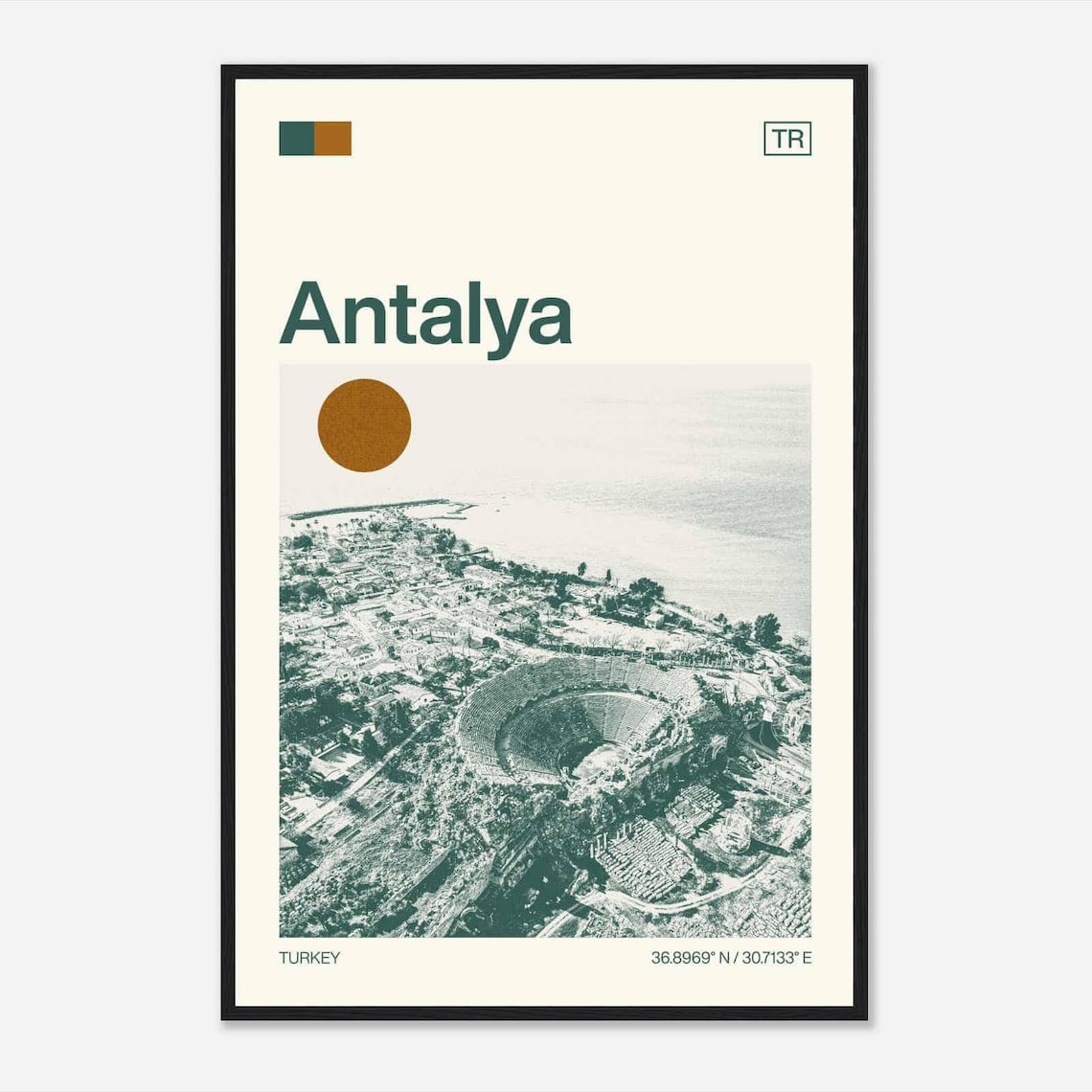 Antalya Turkey Ancient Amphitheater Coast Vintage Style Travel Poster