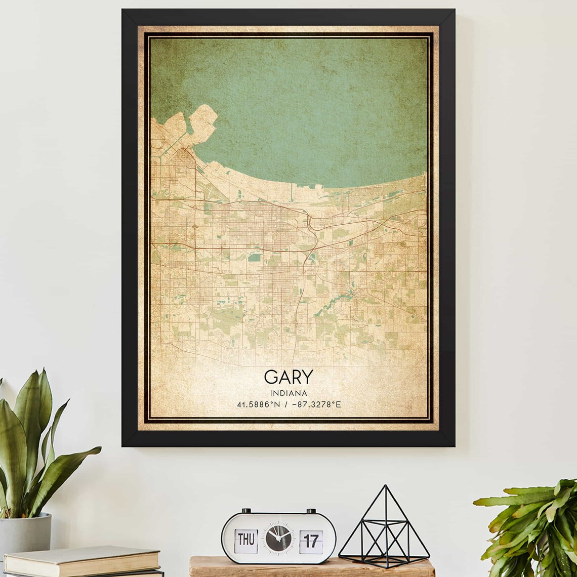 Gary Indiana Vintage Style City Map Poster With Coordinates Lake Michigan