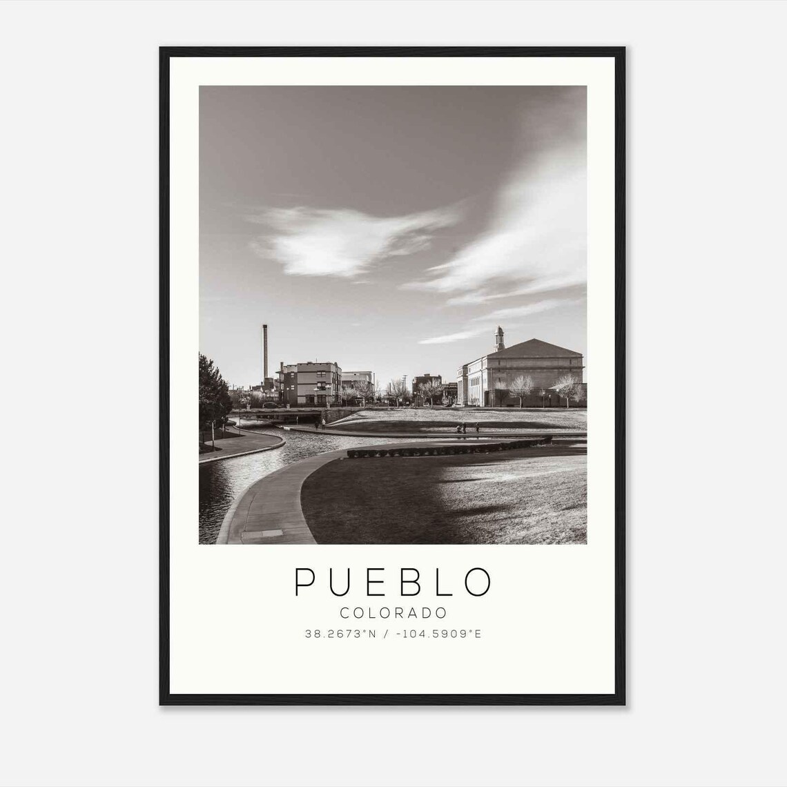 Pueblo Colorado Riverfront Plaza Black and White Photo Poster