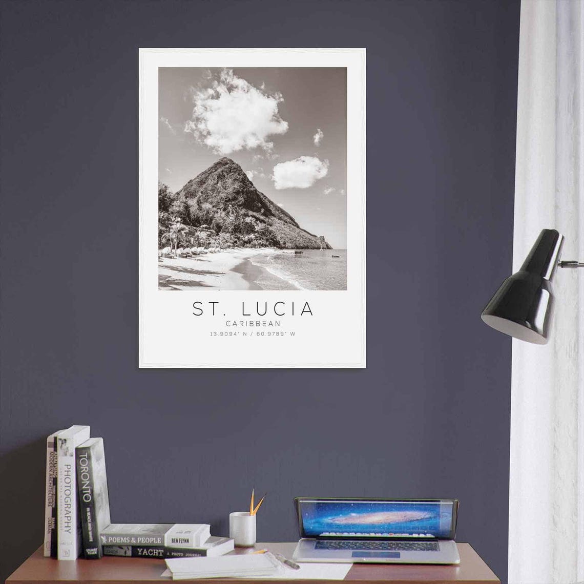 St Lucia Caribbean Piton Peak Beach Palms Black and White Photo Poster - Image 3