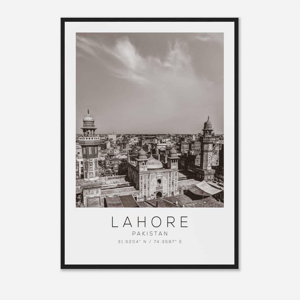 Lahore Pakistan Black White Historic Mosque Old City Skyline Poster