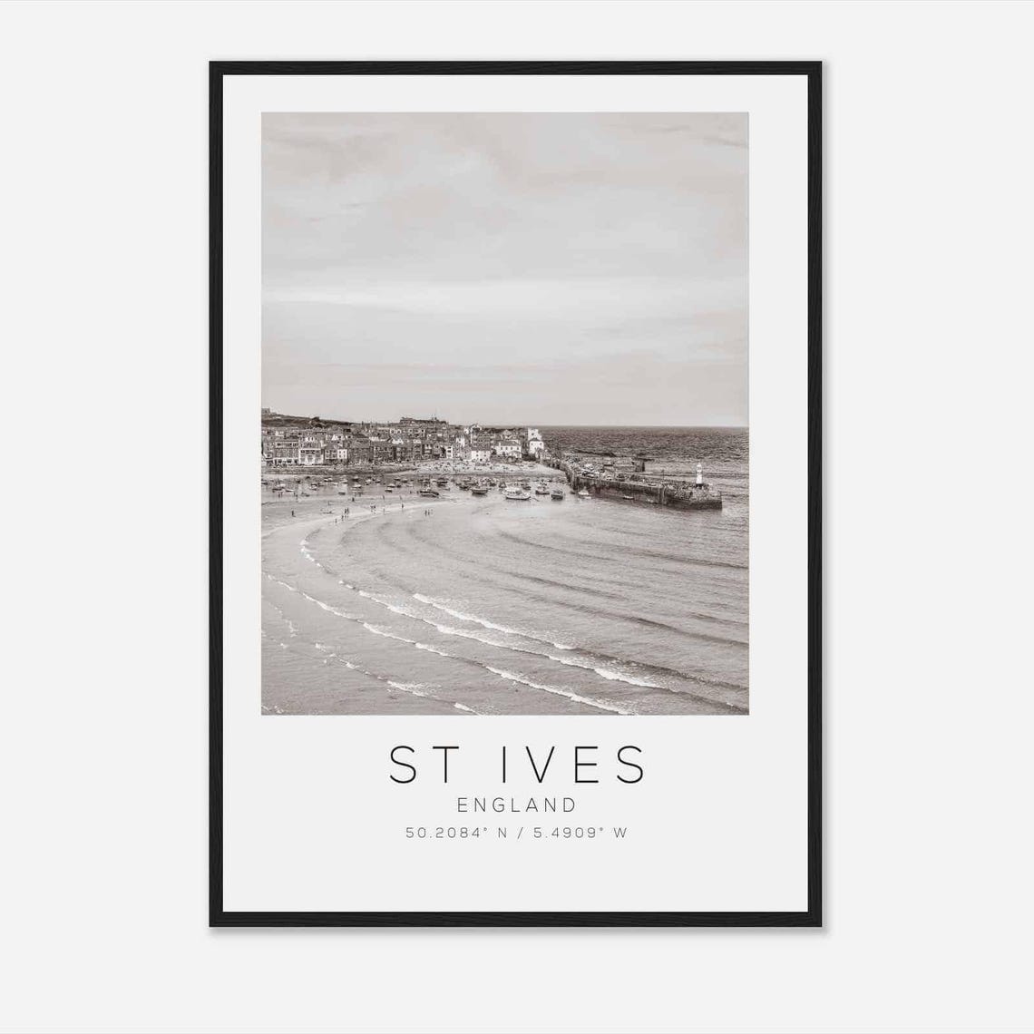 St Ives England Beach Harbor Lighthouse Black and White Photo Poster
