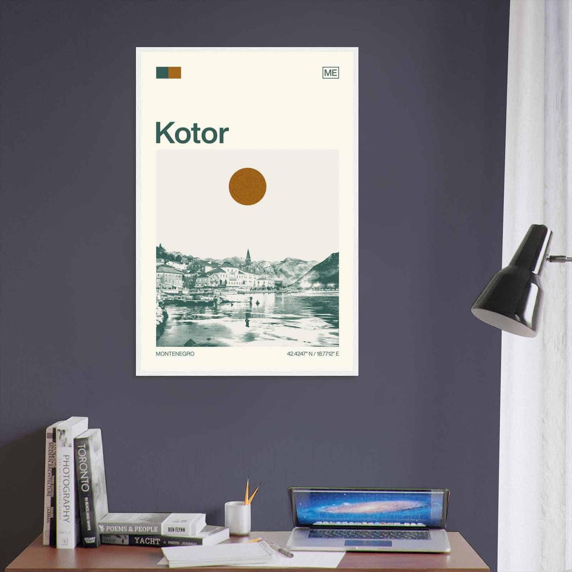 Kotor Montenegro Old Town Waterfront Mountains Duotone Travel Poster - Image 3