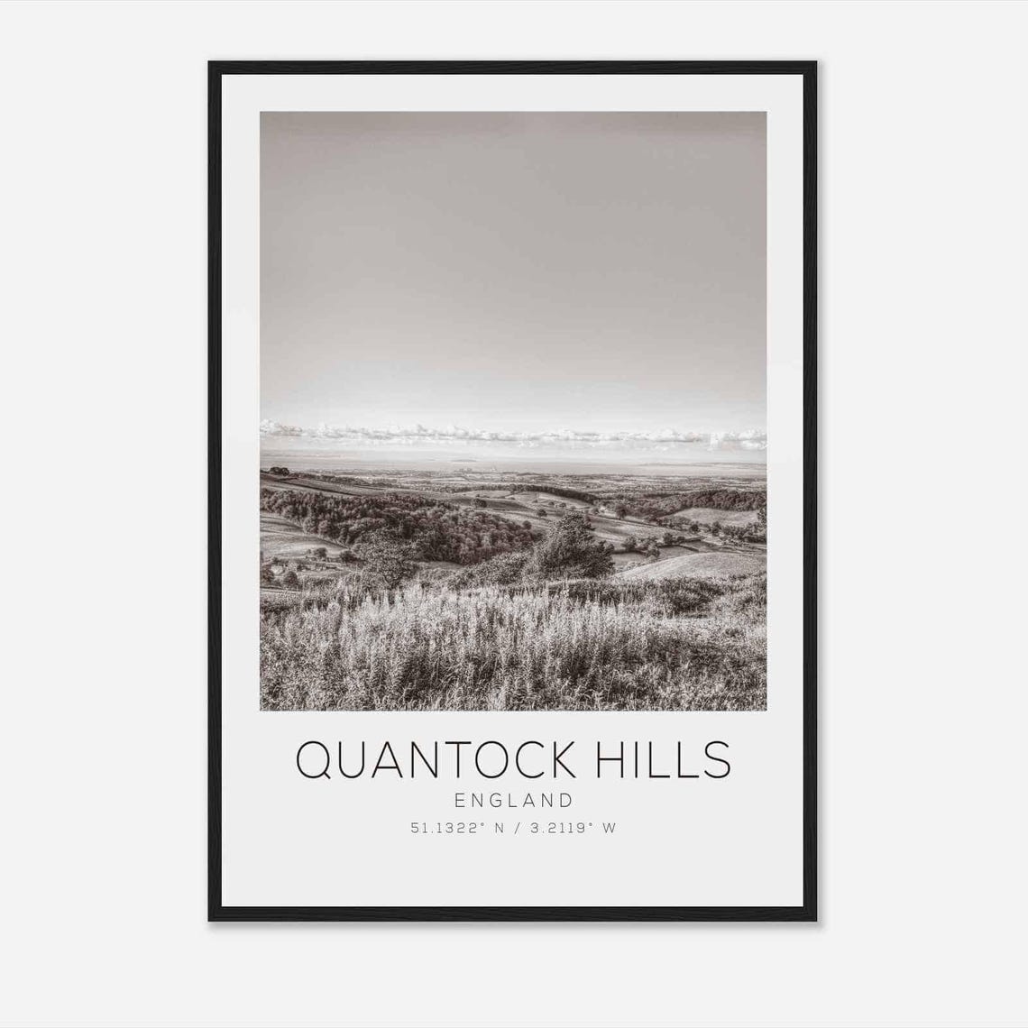 Quantock Hills England Rolling Countryside Black and White Poster