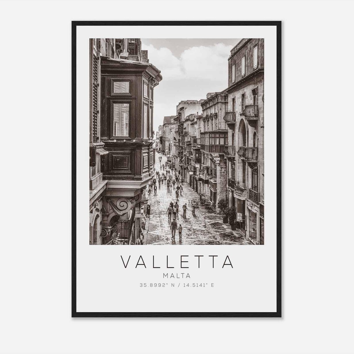 Valletta Malta Historic Street Balconies Black and White Poster