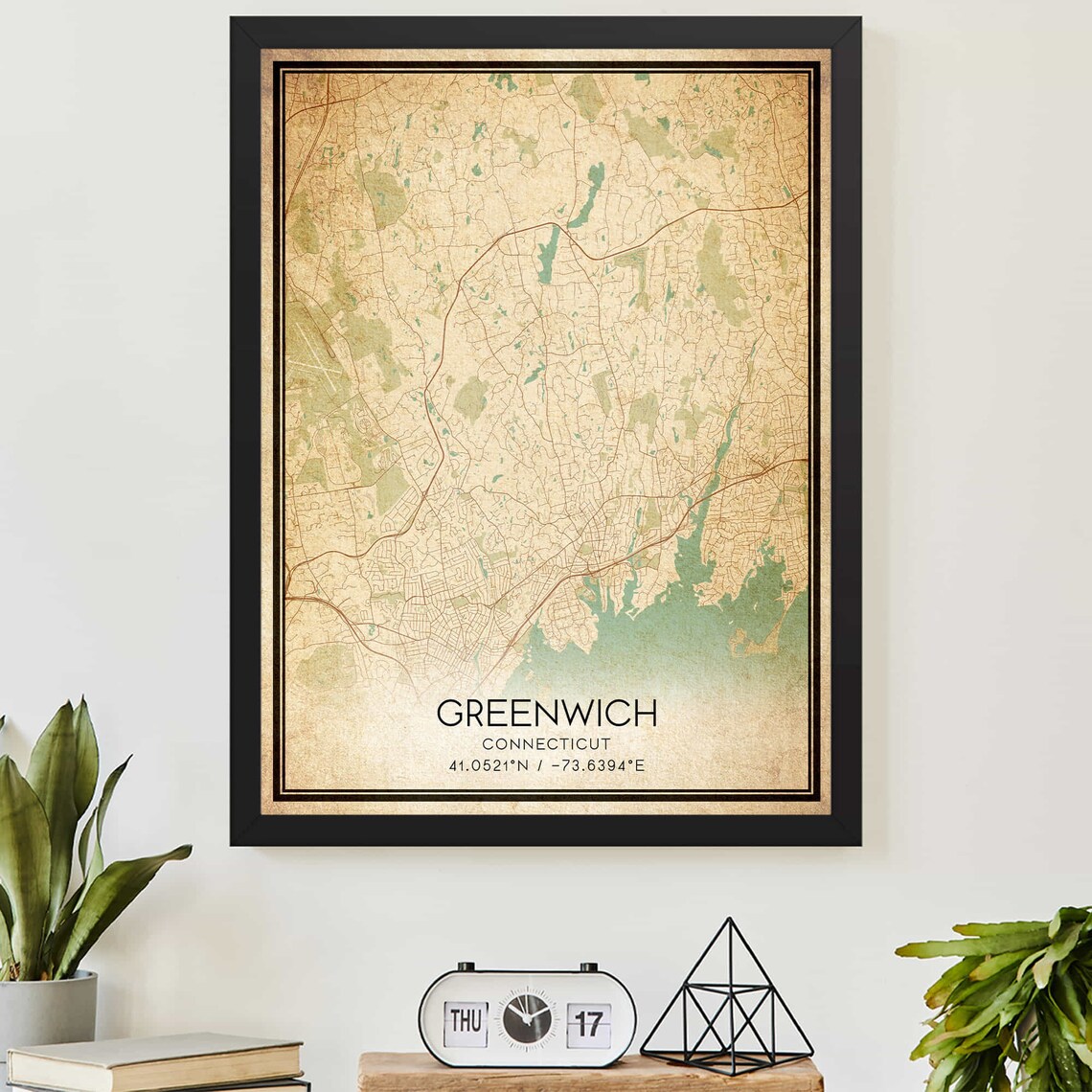 Vintage Greenwich Connecticut Street Map Coordinates Sepia Art Poster