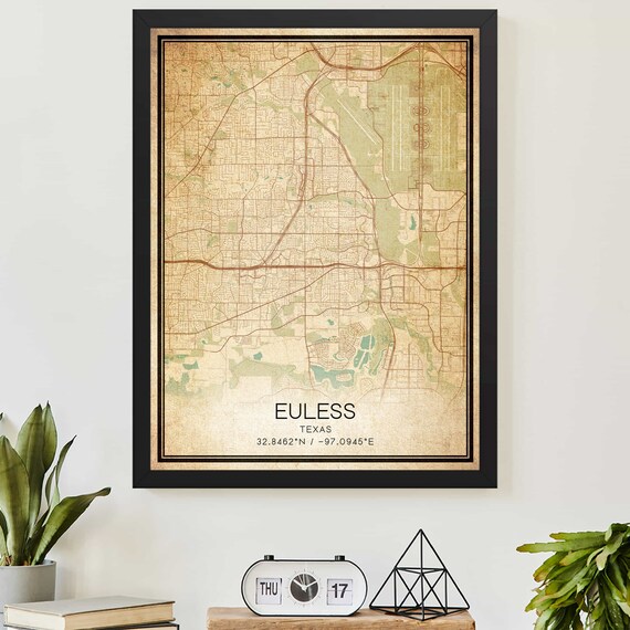 Euless Texas Vintage Map City Street Plan Coordinates Art Poster