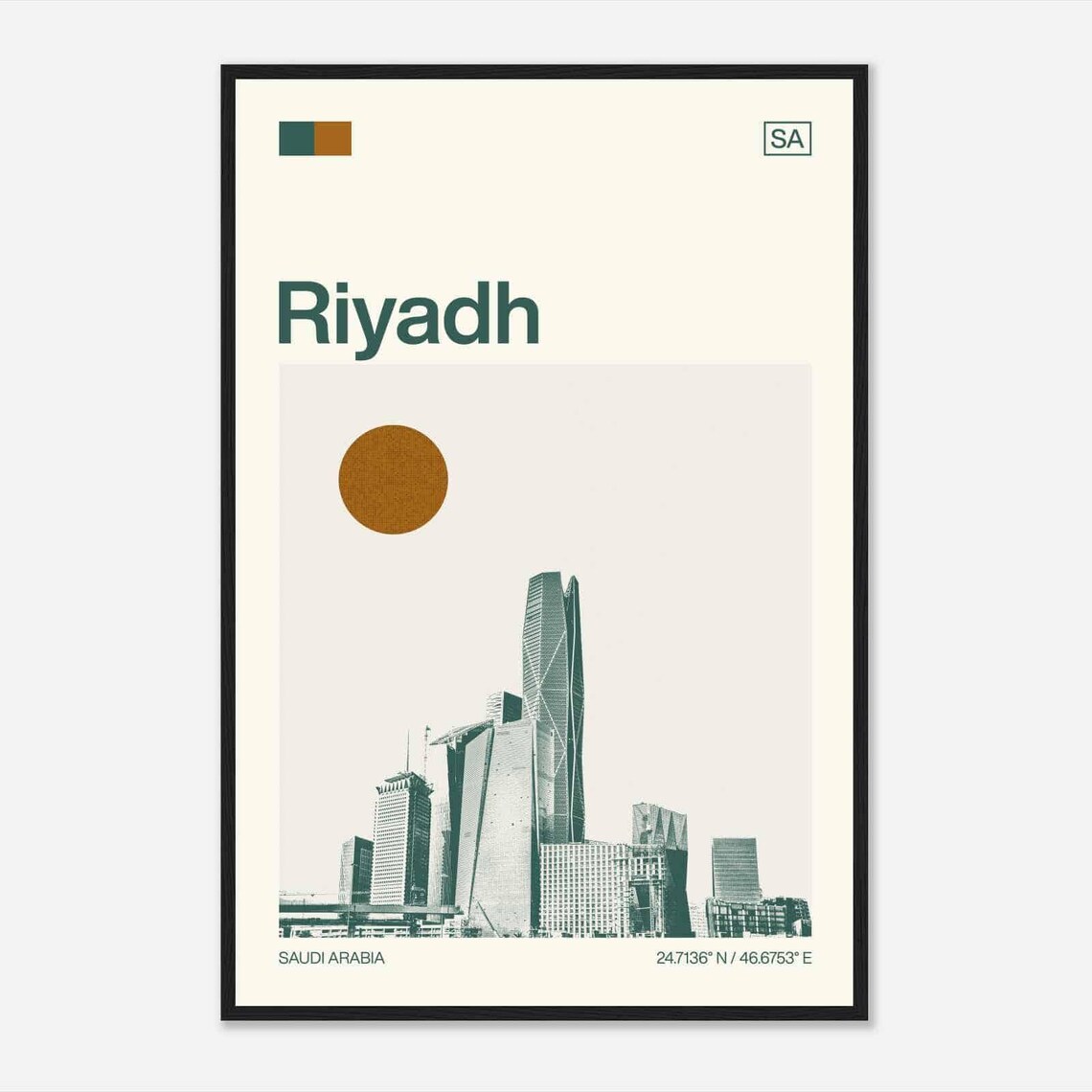Riyadh Saudi Arabia Geometric Towers Skyline Sun Duotone Travel Poster