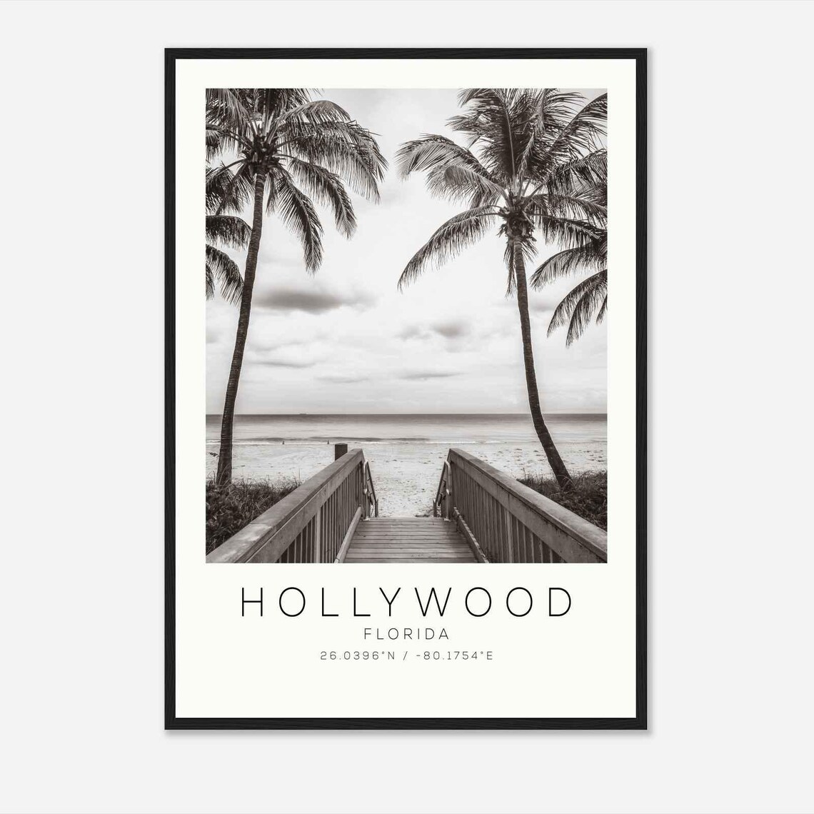 Hollywood Florida Beach Boardwalk Palm Trees Black White Travel Poster
