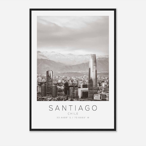 Santiago Chile Andes Mountains Skyline Black and White Travel Poster