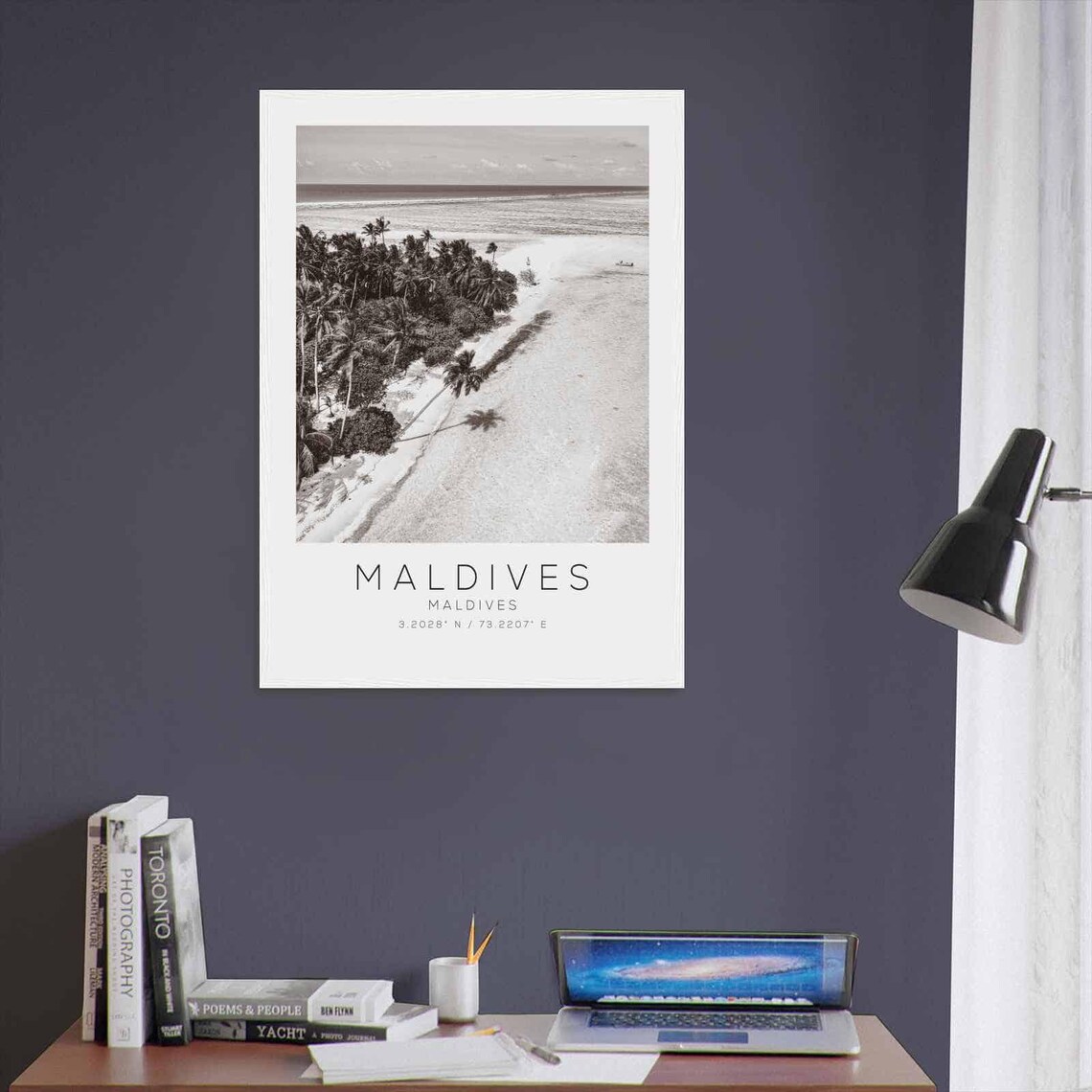 Maldives Tropical Palm Island Aerial Black and White Photo Poster - Image 3