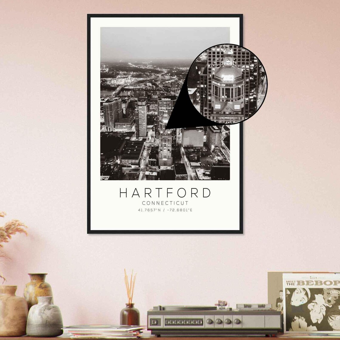 Hartford Connecticut Night Skyline Aerial Black White Photo Poster - Image 4