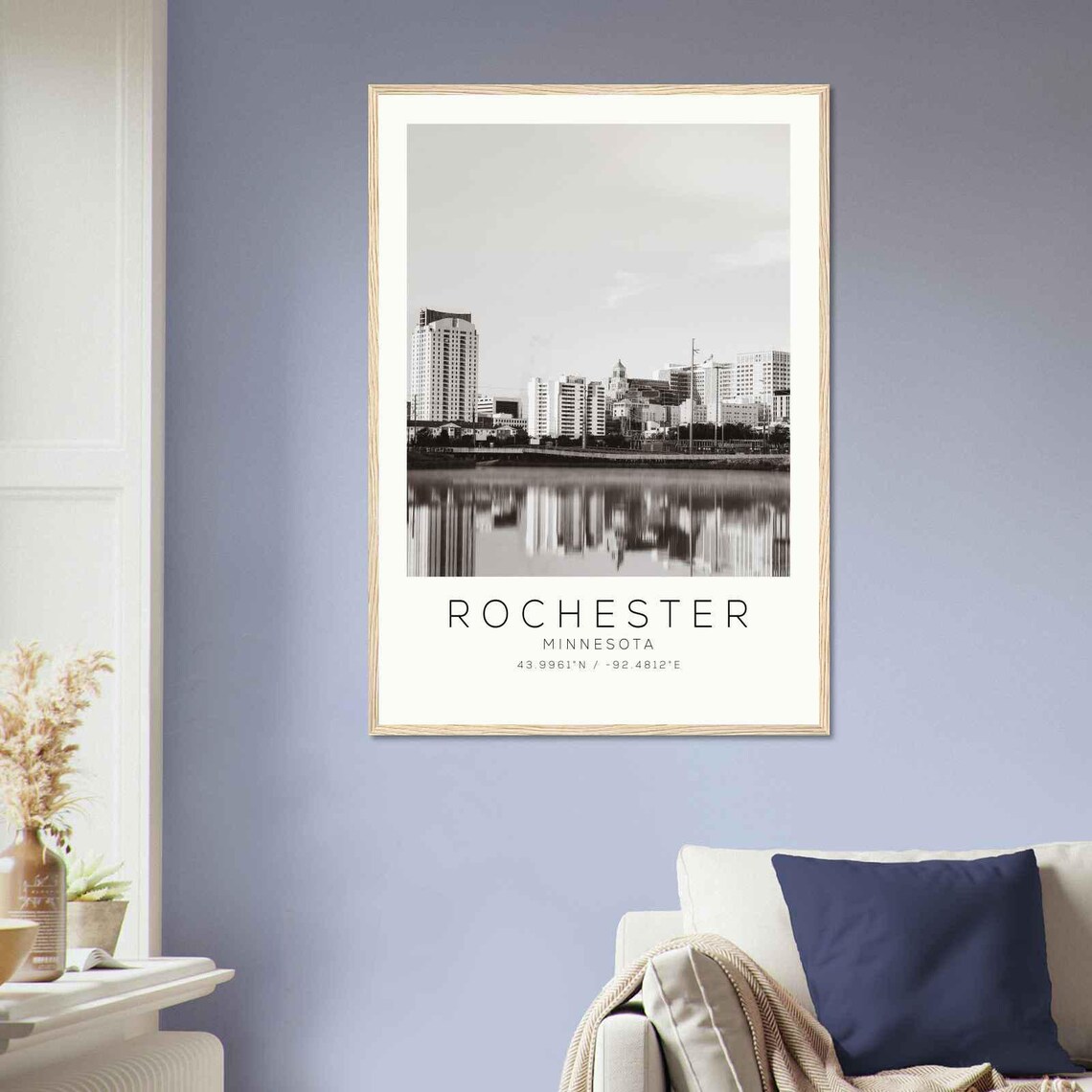 Rochester Minnesota Skyline Lake Reflection Black and White Poster - Image 2