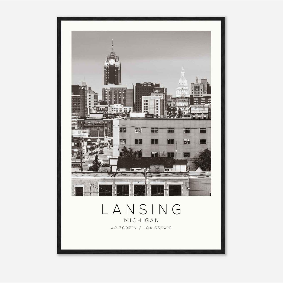 Lansing Michigan Capitol Dome Skyline Black White Photo Poster