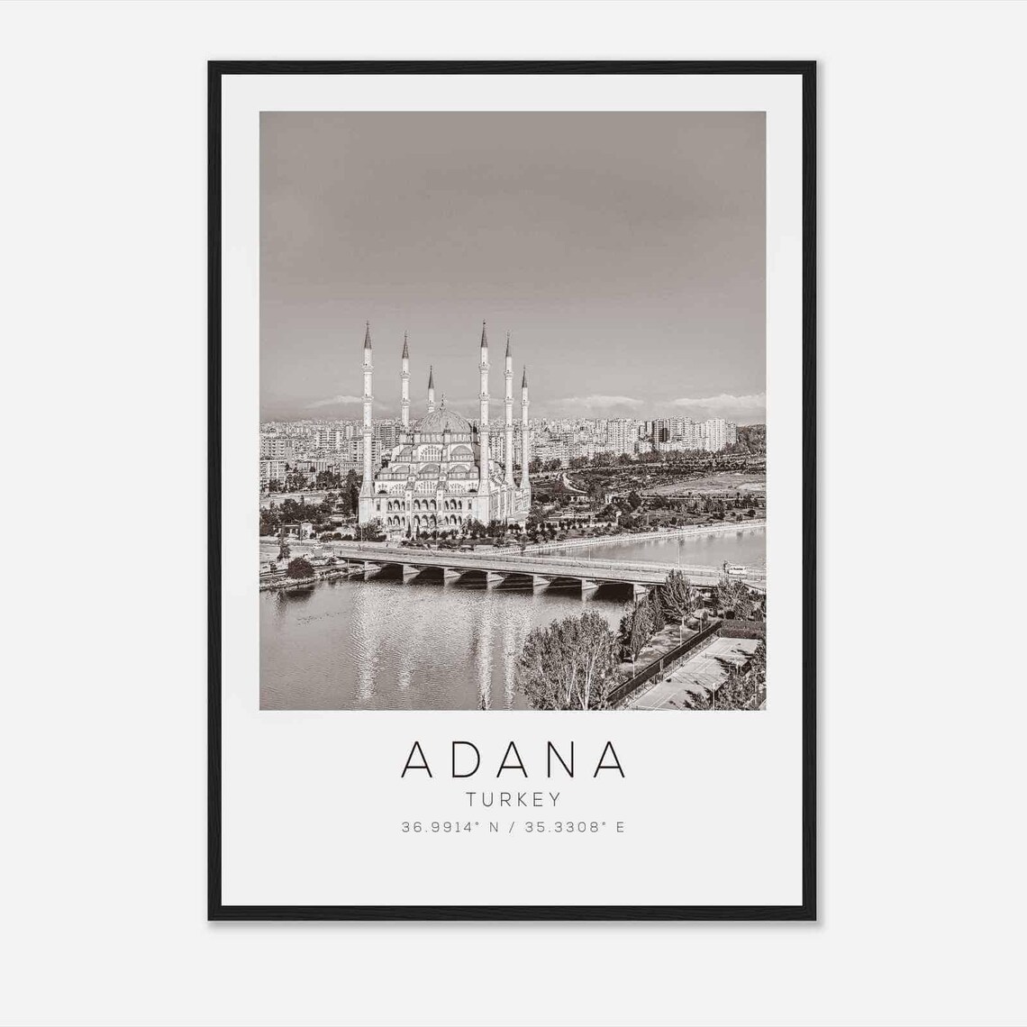 Adana Turkey Black White Grand Mosque Six Minarets River Travel Poster