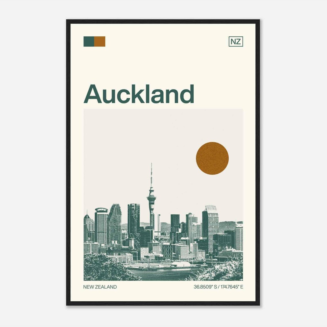 Auckland New Zealand Sky Tower Skyline Duotone Travel Poster