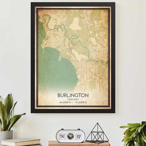 Burlington Vermont Vintage City Map Lake Street Plan Wall Art