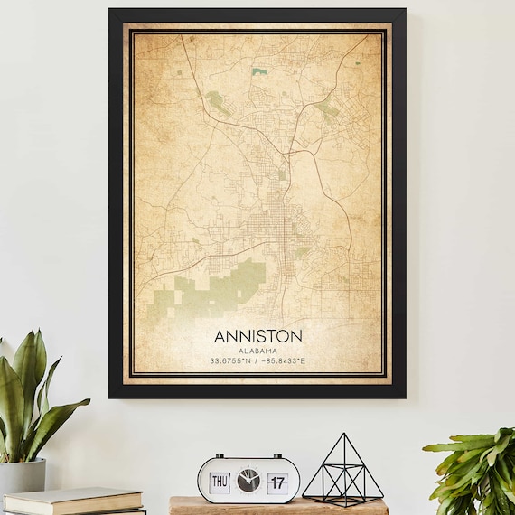 Vintage Anniston Alabama Street Map Coordinates Aged Atlas Style Art Poster