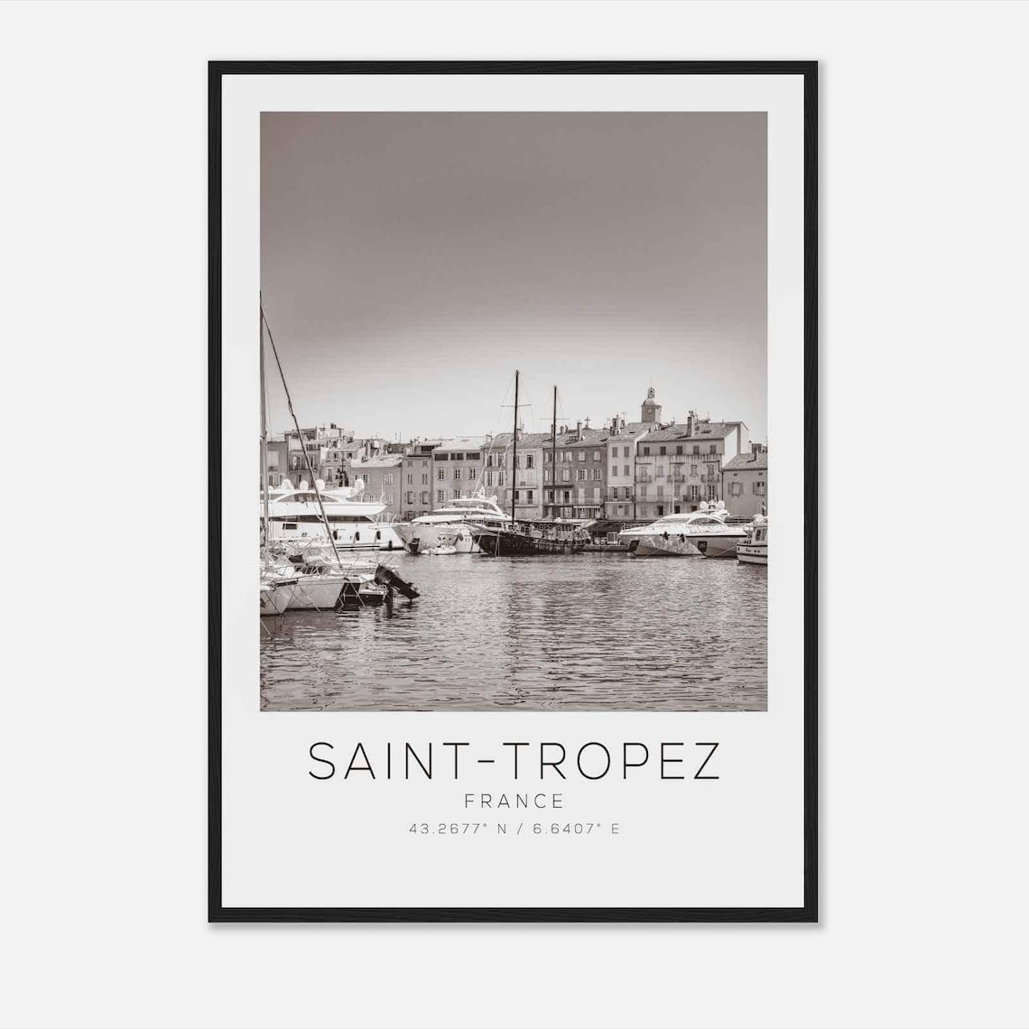 Saint Tropez France Harbor Yachts Black and White Travel Poster
