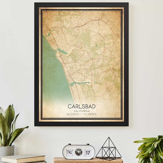 Carlsbad California Vintage Sepia Street Map Poster with Coordinates