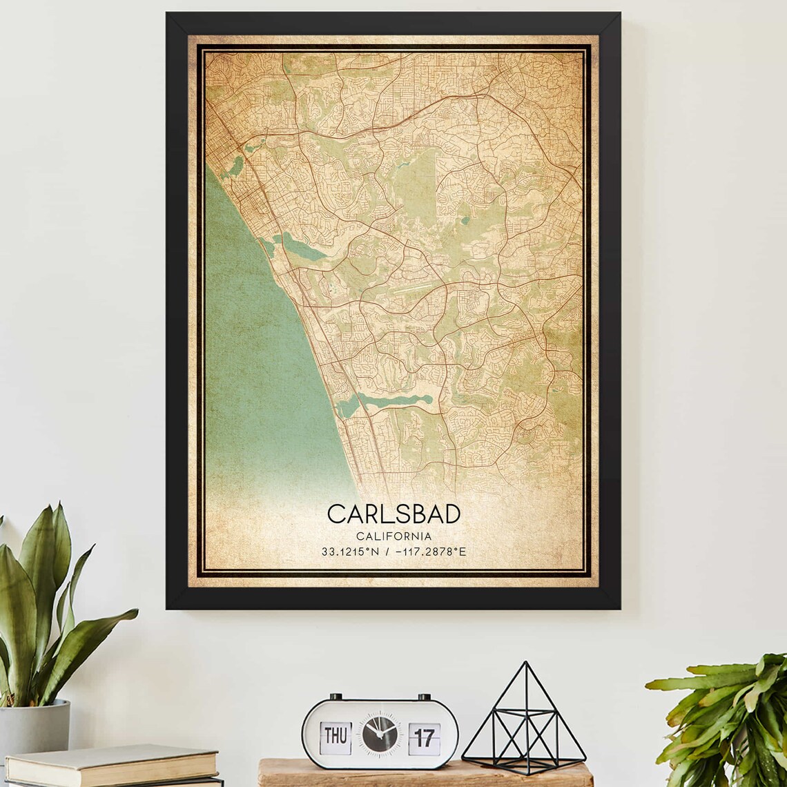 Carlsbad California Vintage Sepia Street Map Poster with Coordinates
