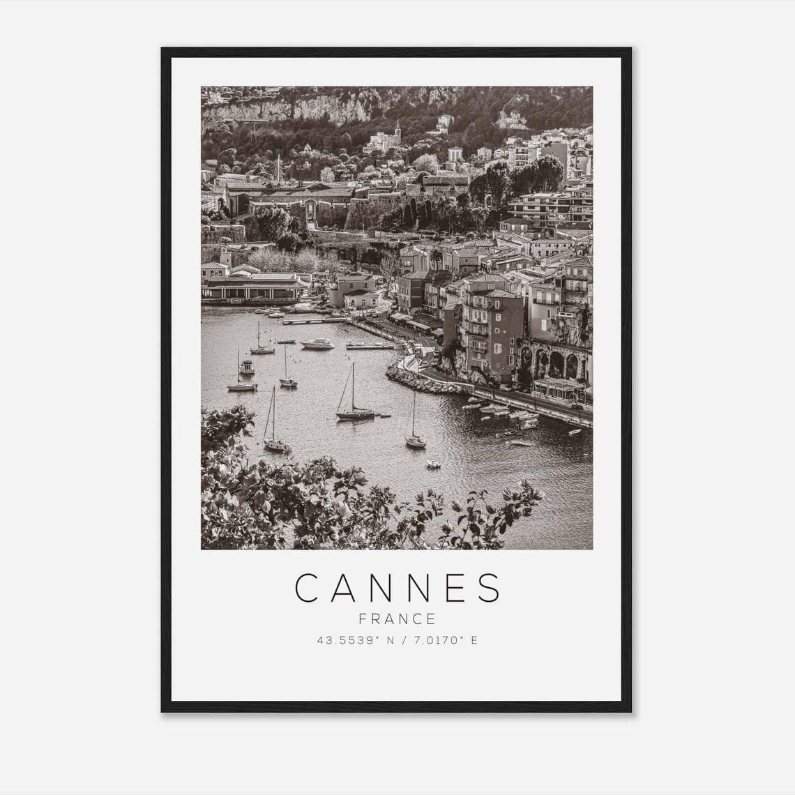 Cannes France Harbor Sailboats Riviera Black and White Travel Poster
