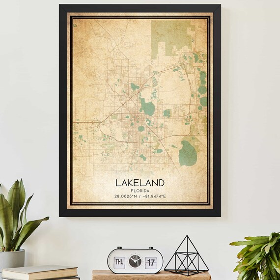 Lakeland Florida Vintage City Map Poster with Map Coordinates