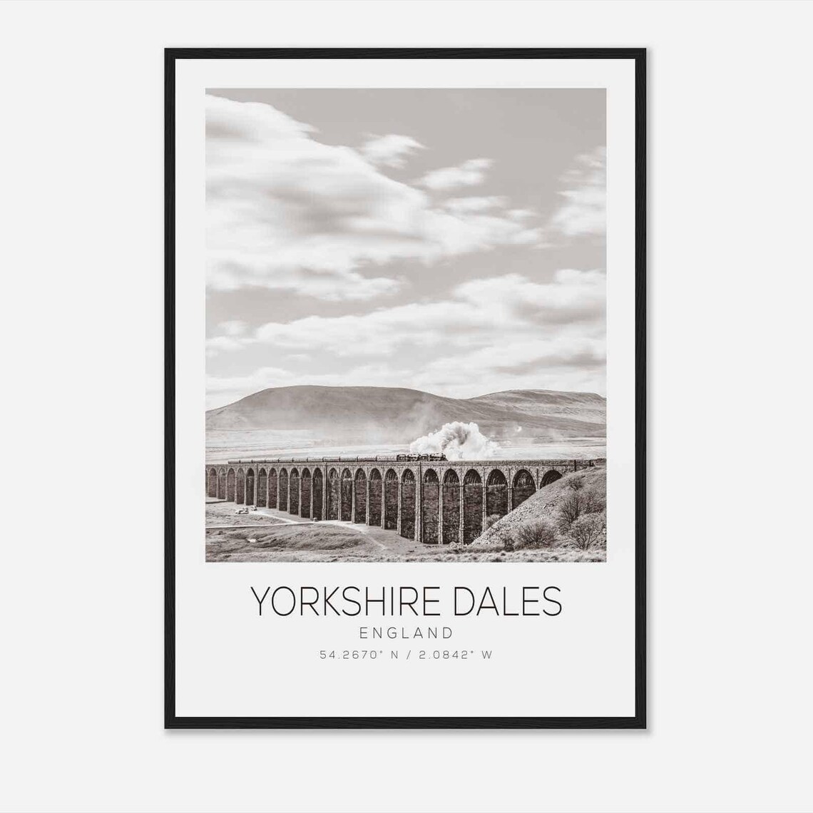Yorkshire Dales England Steam Train Viaduct Black White Photo Poster