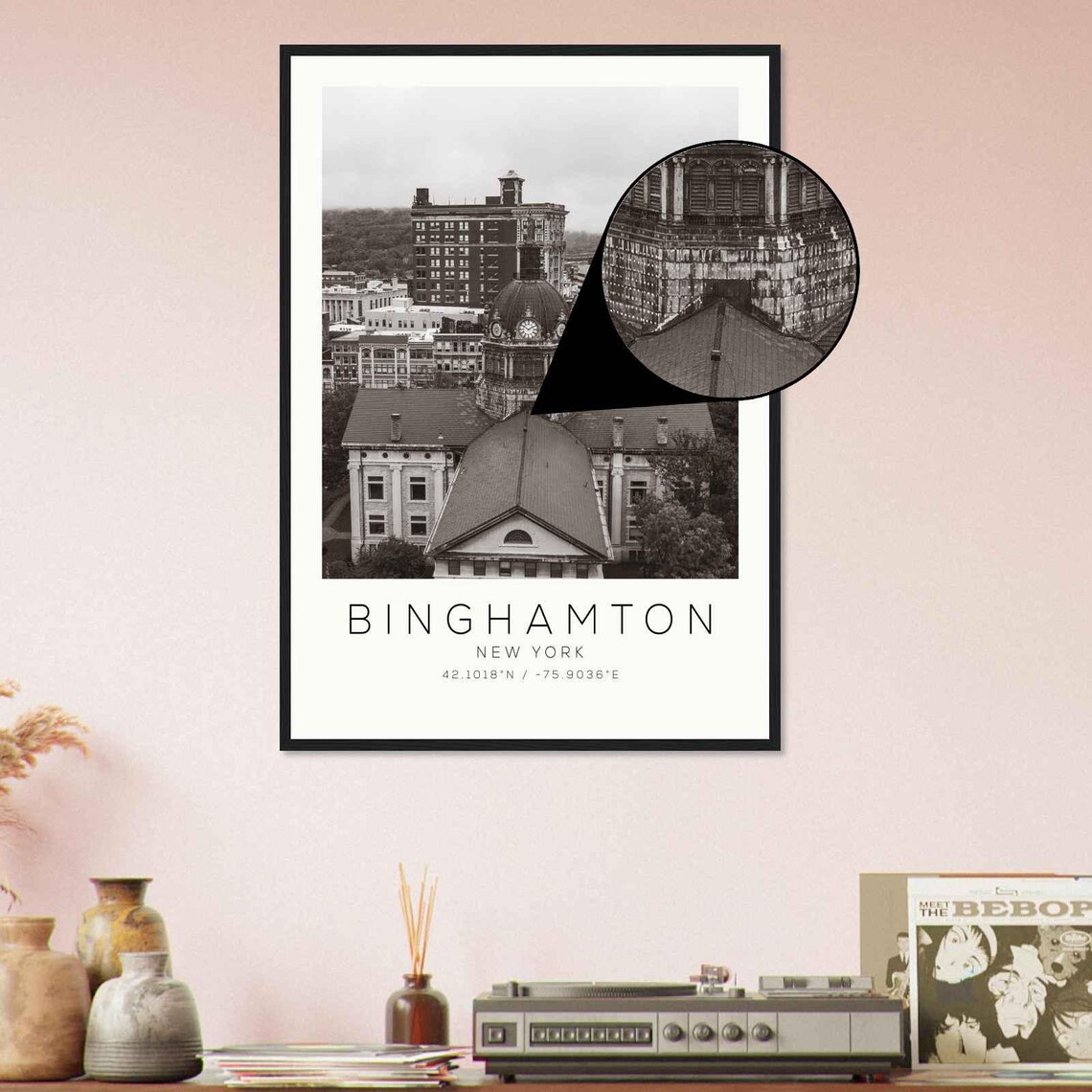 Binghamton New York Domed Courthouse Aerial Black White Travel Poster - Image 4