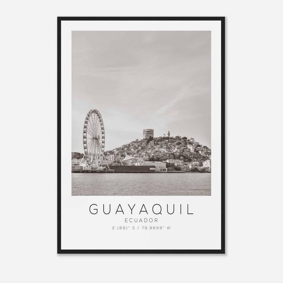 Guayaquil Ecuador Black and White Malecon Ferris Wheel View Poster
