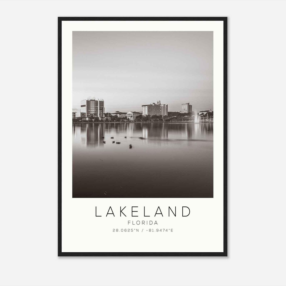 Lakeland Florida Serene Lake Shore Birds Black White Photo Poster