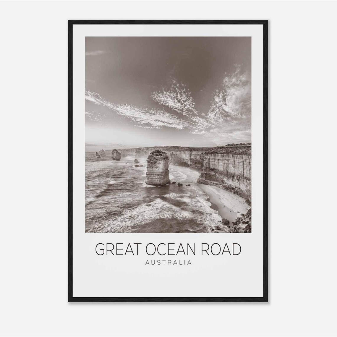 Great Ocean Road Australia Black and White Sea Stacks Coast Poster
