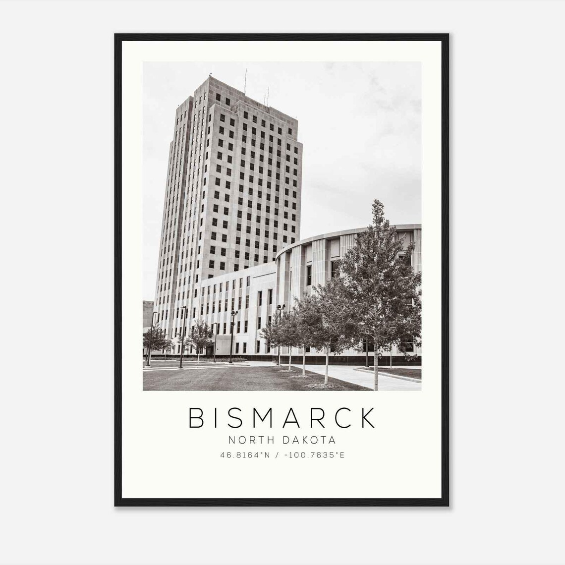 Bismarck North Dakota Art Deco Capitol Tower Black White Travel Poster