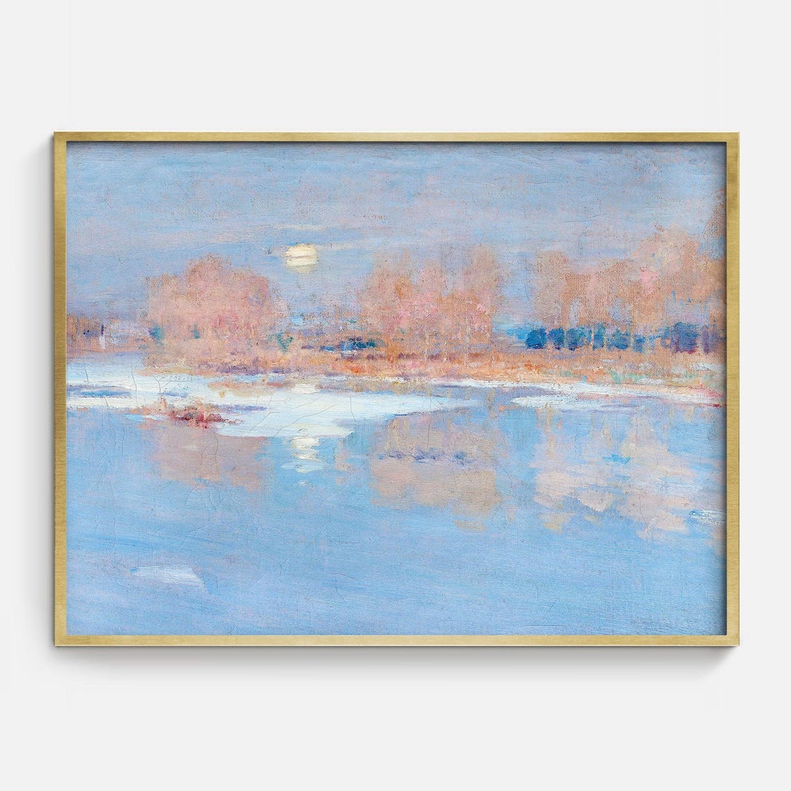 Full Moon Frozen Pond Winter Landscape Impressionist Art Print