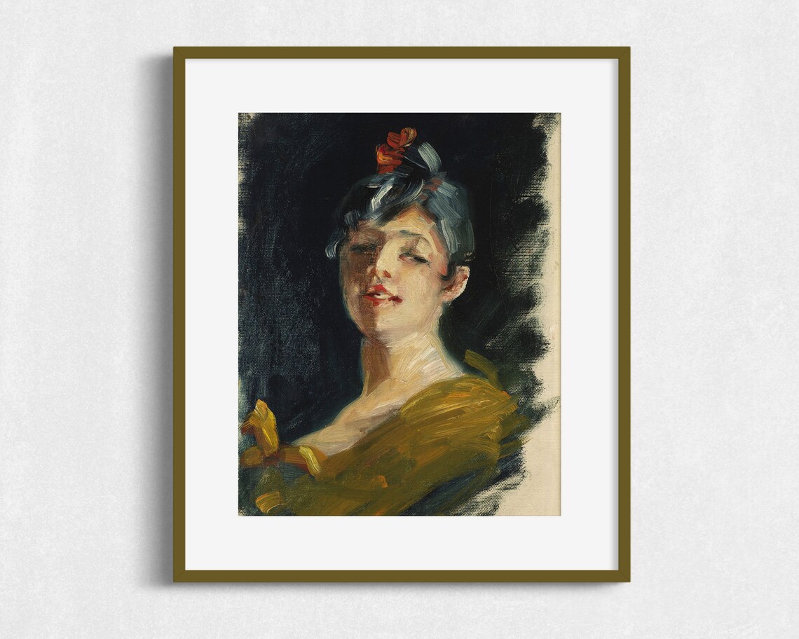 Impressionist Oil Sketch Woman Red Lips Dark Background Expressionist Portrait Art Print - Image 2