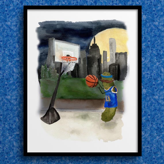 Whimsical Pickle Playing Basketball Ny Knicks Championship Watercolor Art Print