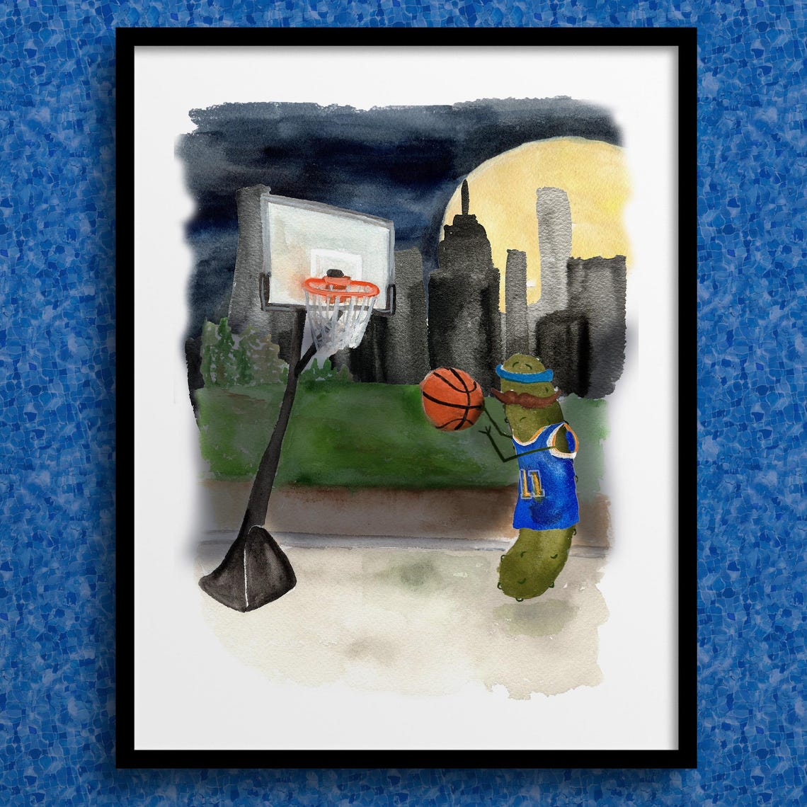 Pickle Playing Basketball Whimsical Watercolor Sports Poster