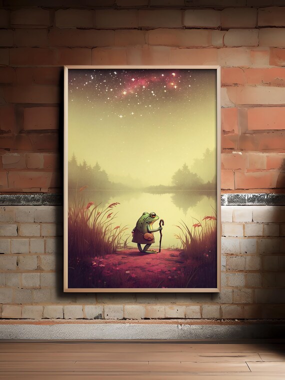 Frog Traveler Night Lake Starry Sky Whimsical Fantasy Animal Poster