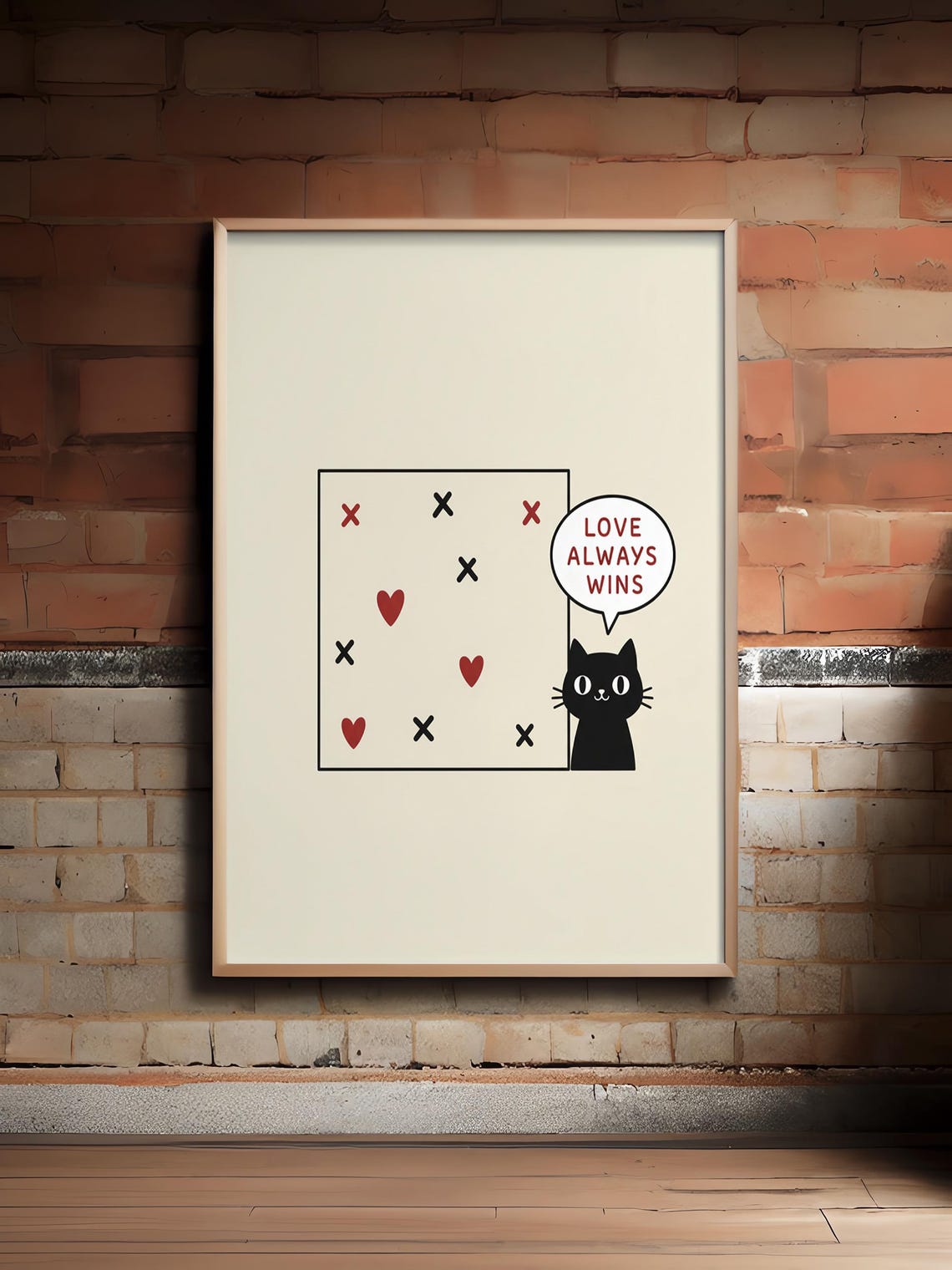 Love Always Wins Cute Black Cat Tic Tac Toe Valentine Poster