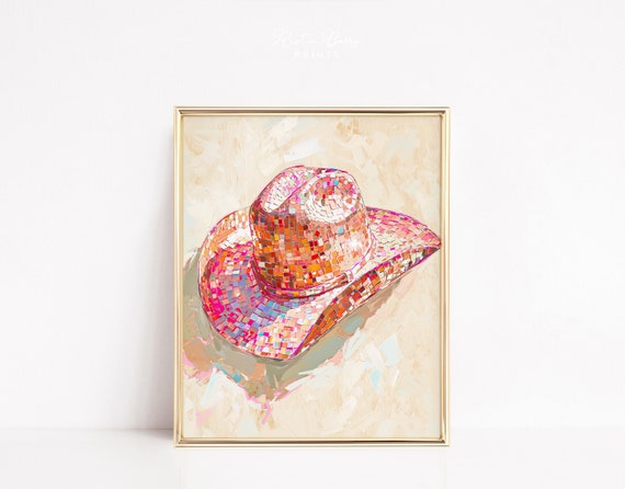 Disco Cowgirl Hat Art Print Wall Art Poster Disco Ball Glam Cowboy Hat Pink Preppy Trendy Western Instant