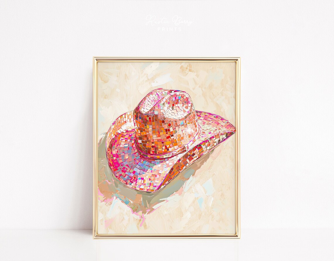 Pink Disco Cowgirl Hat Sparkling Mosaic Western Glam Party Art Print