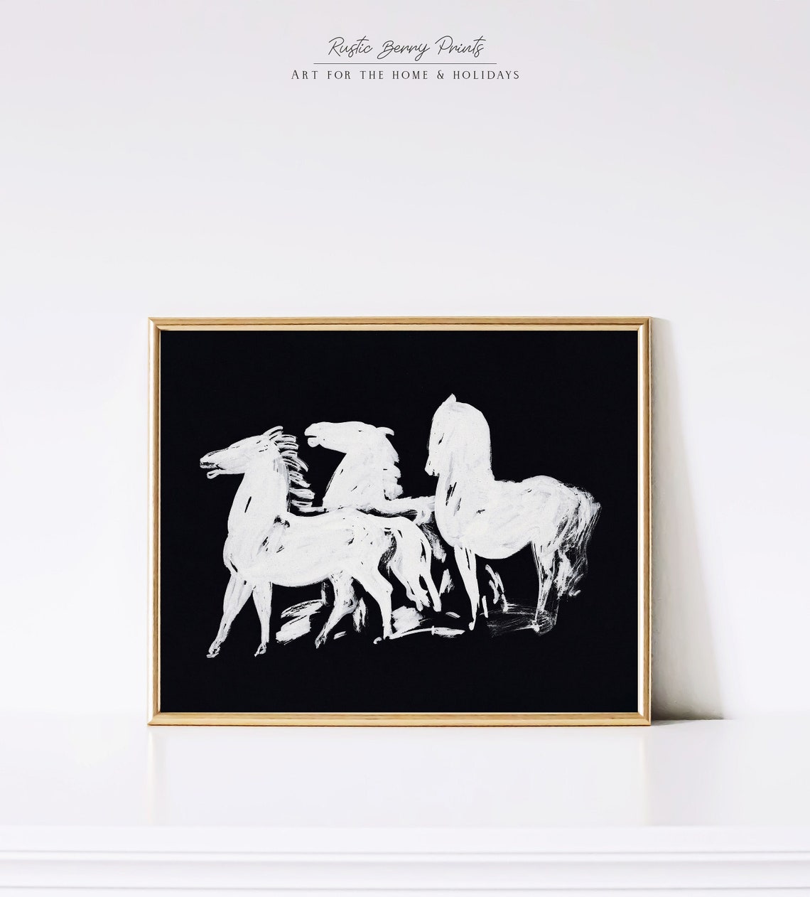 Three White Horses On Black Background Bold Brushstroke Wall Art