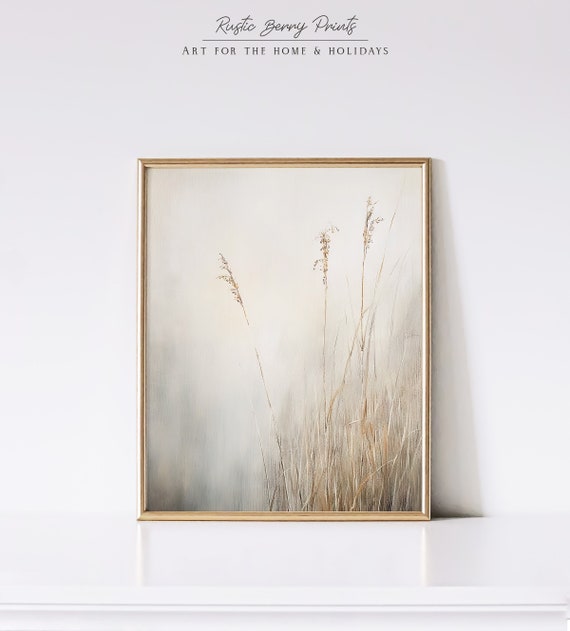 Neutral Wall Art Vintage Country Landscape Print Painting Farmhouse Decor Tall Grass Field Instant