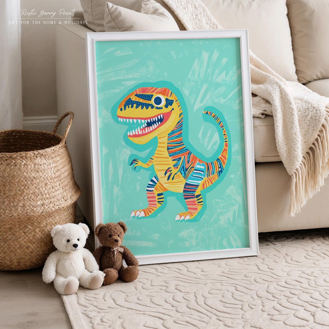 Colorful Cartoon T Rex Dinosaur Turquoise Kids Room Art Print - Image 3