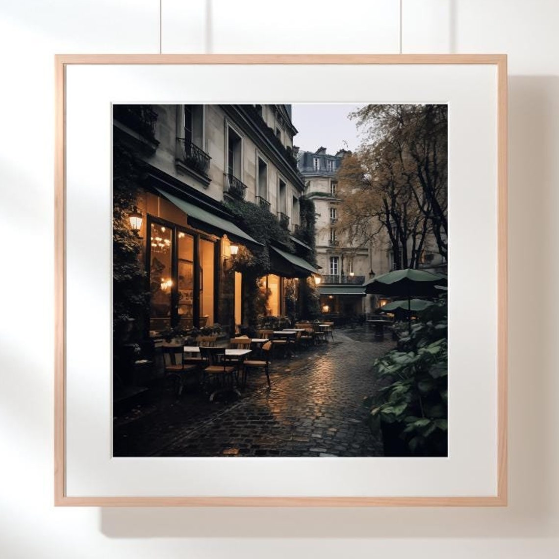 Paris Cafe Alley Dusk Cobblestone Warm Lights Street Art Poster