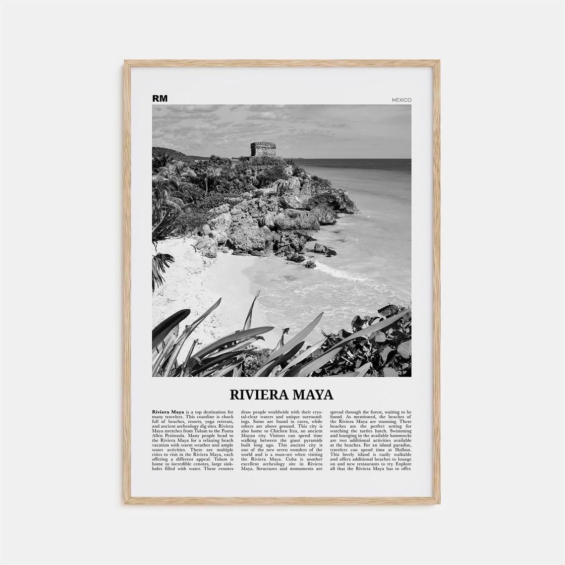 Riviera Maya Map, Black and White Travel Poster