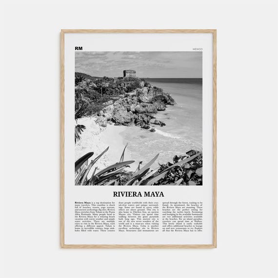 Riviera Maya Map, Black and White Travel Poster