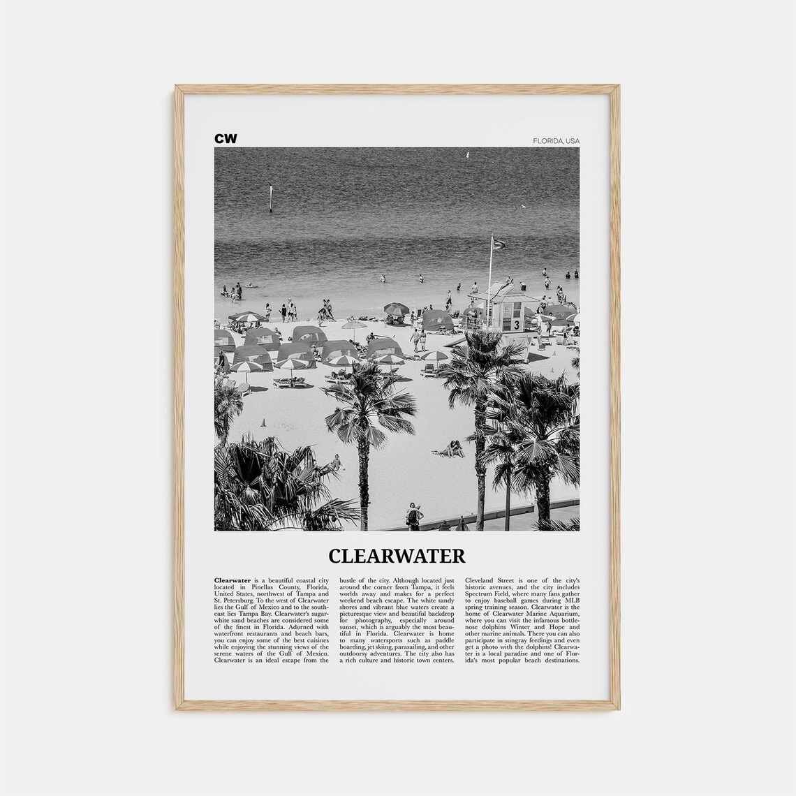 Clearwater Black and White Travel Poster, Florida