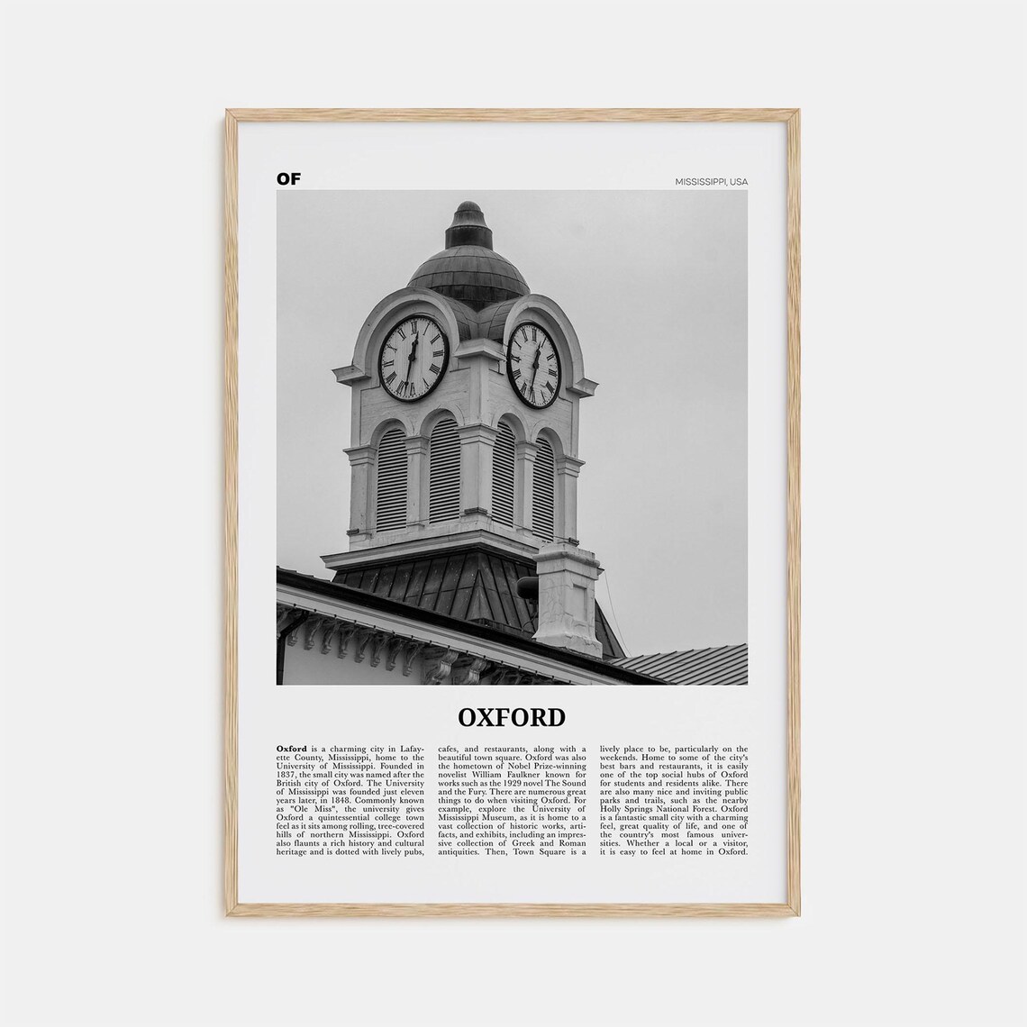 Oxford, Mississippi Black and White Travel Poster
