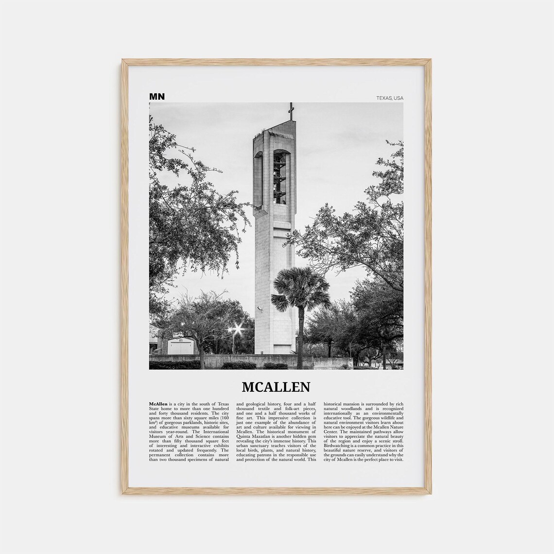 McAllen Black and White Map Art Print, Texas USA
